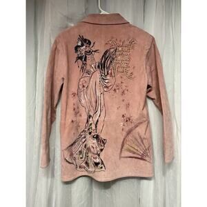 Look East Plus Pink Suede Leather Painted Asian Geisha girl Jacket Size small